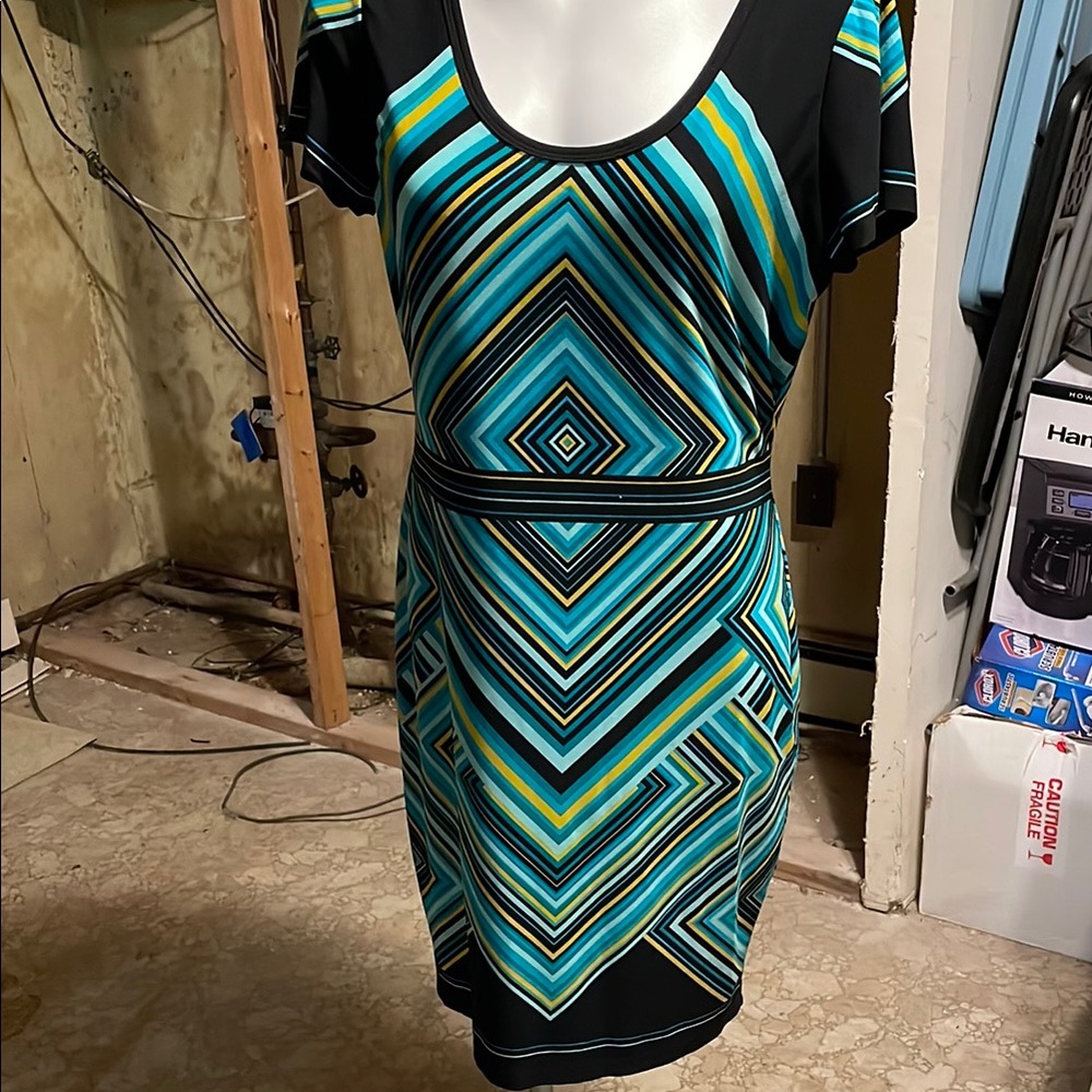 Calvin Klein Blue and Black Sheath Dress with Dolman Sleeves
